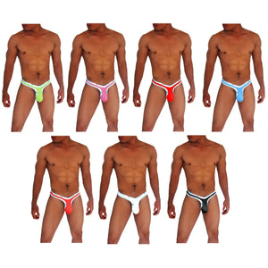 Icker Sea 7 pack yee logo trim thong underwear in neon green pink red blue and black with white trim in assorted colors