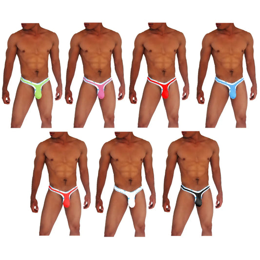 Icker Sea 7 pack yee logo trim thong underwear in neon green pink red blue and black with white trim in assorted colors