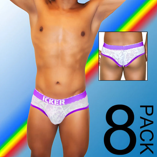 White lace briefs with purple acid mesh piping and icker printed on waistband from icker sea 8 pack collection
