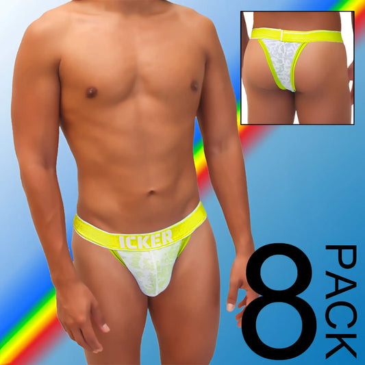 Bright neon yellow and white lace thong with icker branding on waistband from icker sea acid mesh piping bikini pack