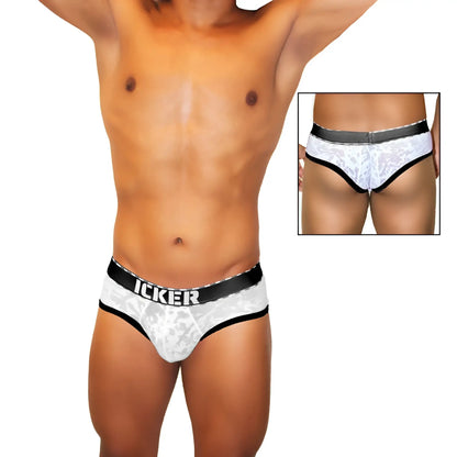 White lace-patterned men’s briefs with black elastic waistband featuring icker logo in bold white letters