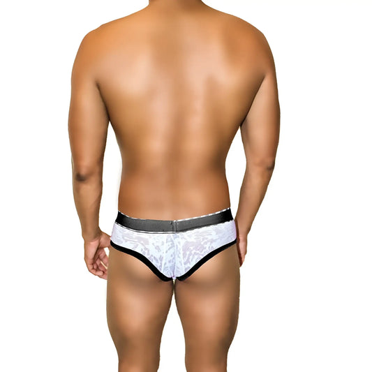 Icker Sea Acid Mesh piping brief underwear in white lace with black trim and a silver-toned waistband