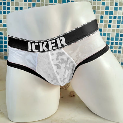 White lace-trimmed briefs with black icker waistband featuring mesh piping in black from icker sea acid line
