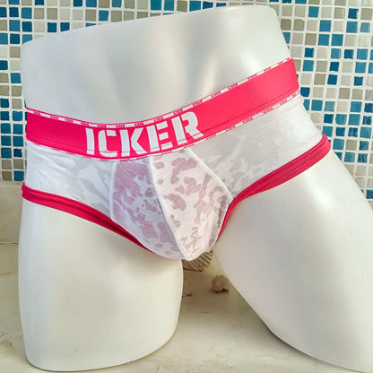 Pink and white lace trimmed men’s underwear with bold pink icker waistband fuchsia mesh piping brief