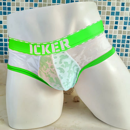 Icker sea acid mesh piping brief underwear with bright neon green waistband logo and light blue camouflage lace fabric