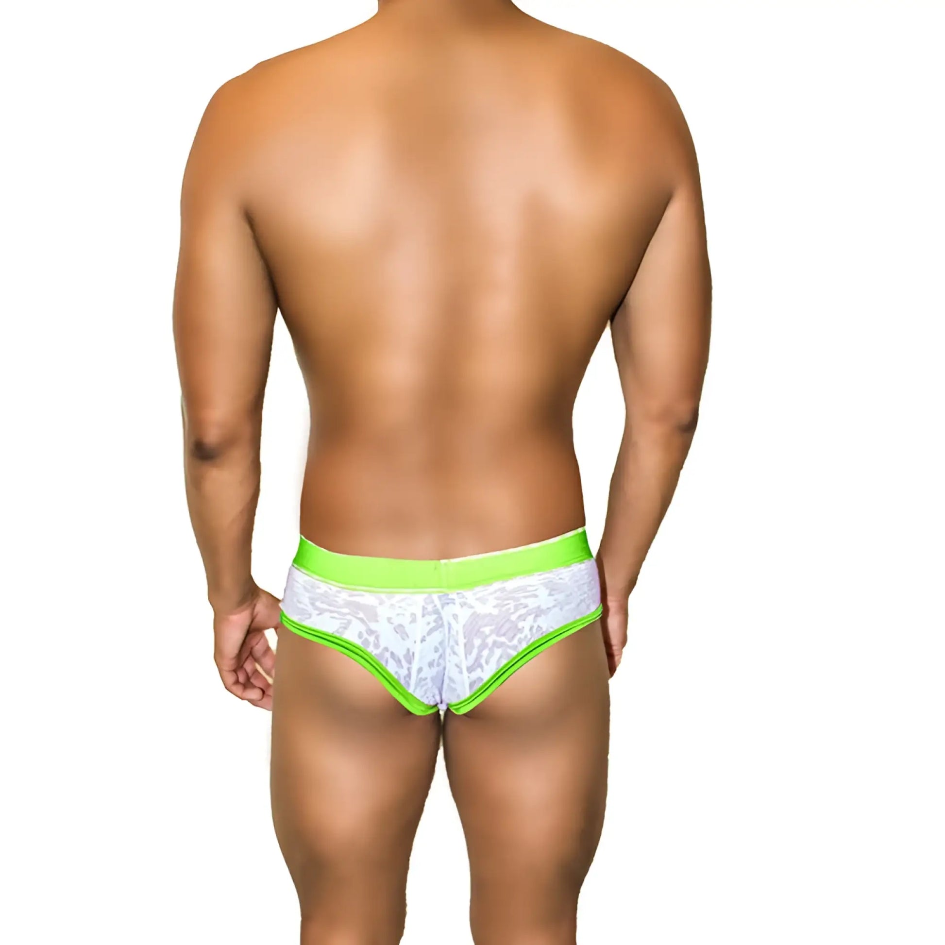 Icker Sea Acid Mesh piping brief underwear in white lace with neon green trim and waistband COI-21-02