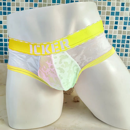Icker sea acid mesh piping brief underwear in mango with bright yellow waistband and sheer white lace trimmed interior