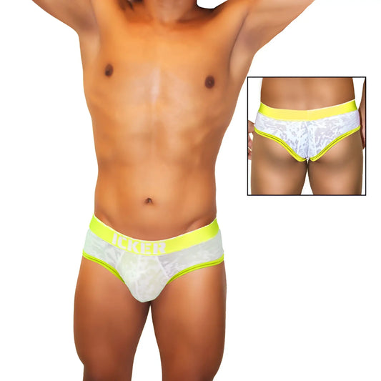 White lace men’s briefs with neon yellow trim and waistband featuring a subtle pattern from icker sea acid mesh piping brief mango