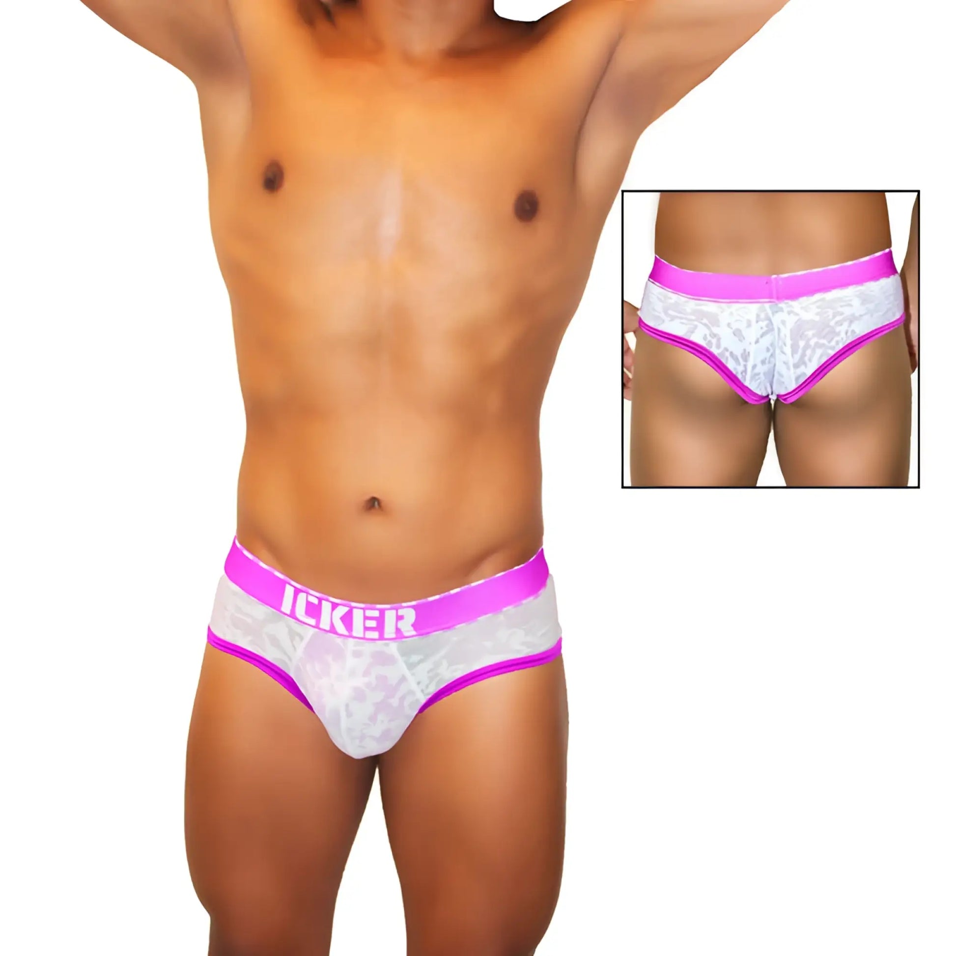 White lace men’s briefs with vibrant pink mesh piping and waistband featuring icker branding in bold white letters