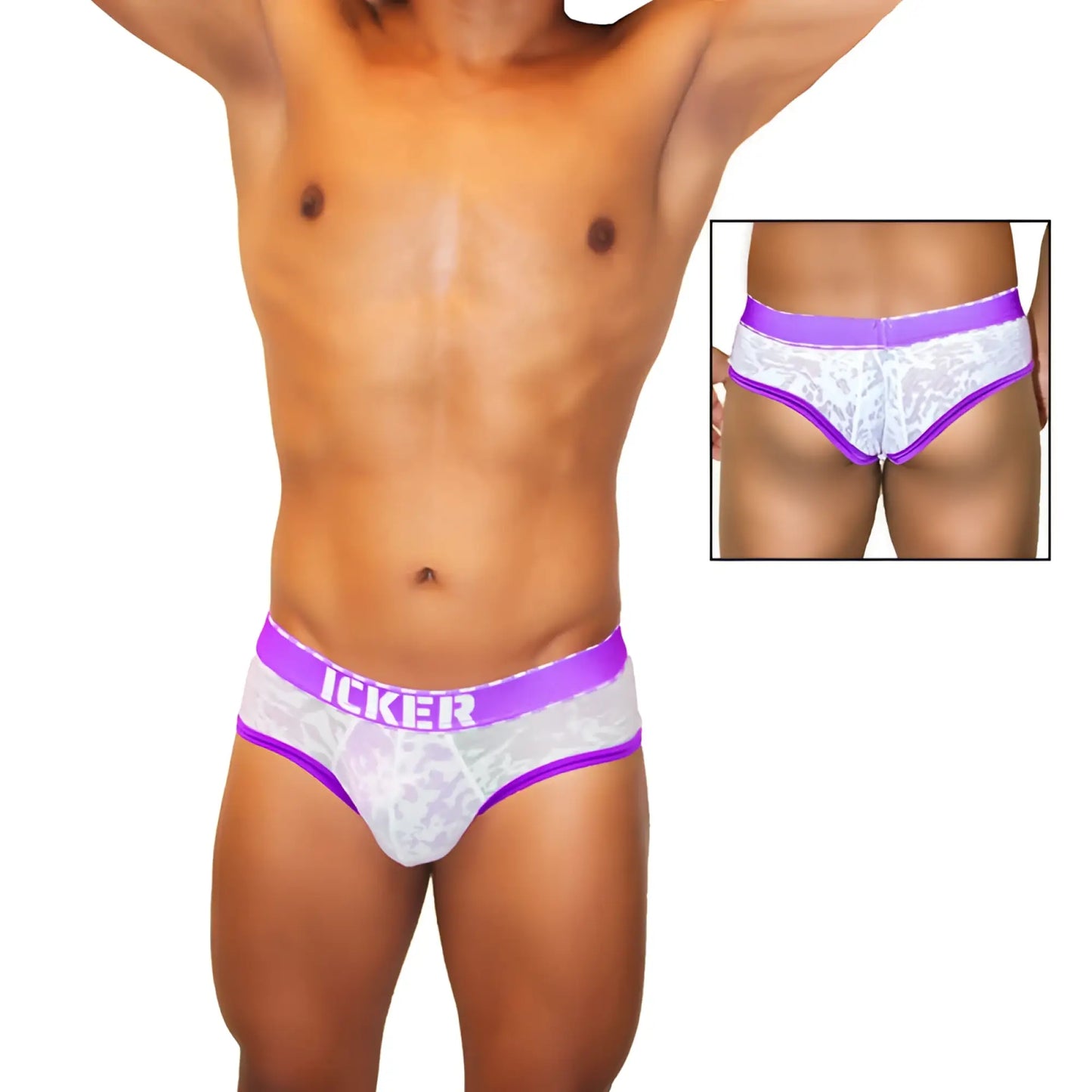 Purple and white lace-trimmed men’s briefs with mesh piping and a bold purple icker waistband for comfortable wear