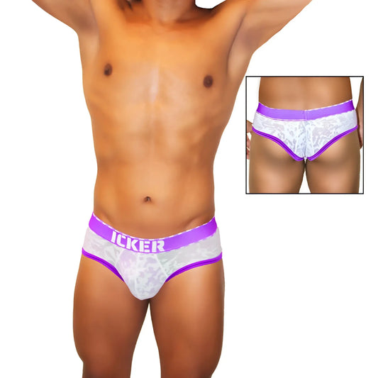 Purple and white lace-trimmed men’s briefs with mesh piping and a bold purple icker waistband for comfortable wear
