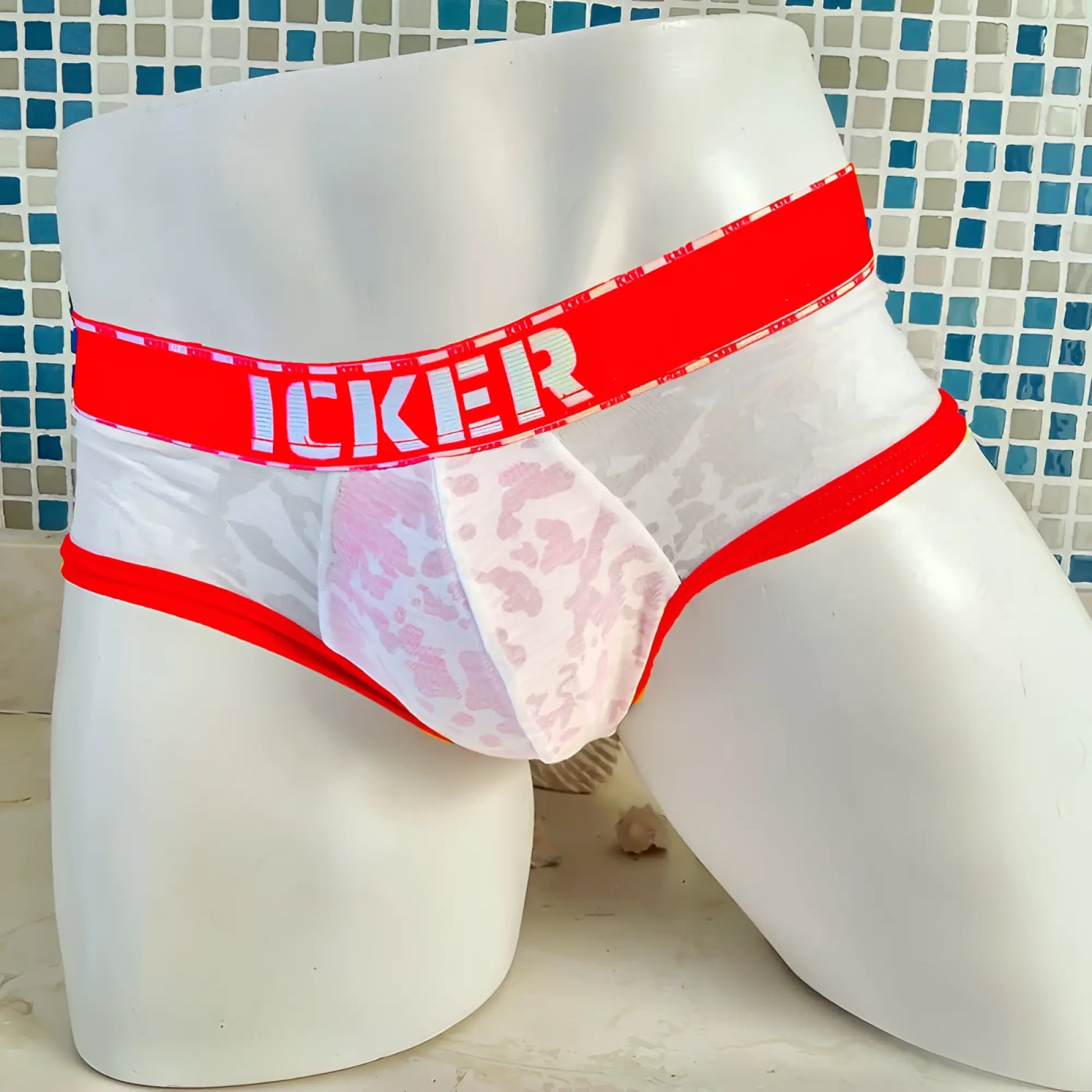 White and red icker sea acid mesh piping brief underwear with pink floral lace panel and branded waistband