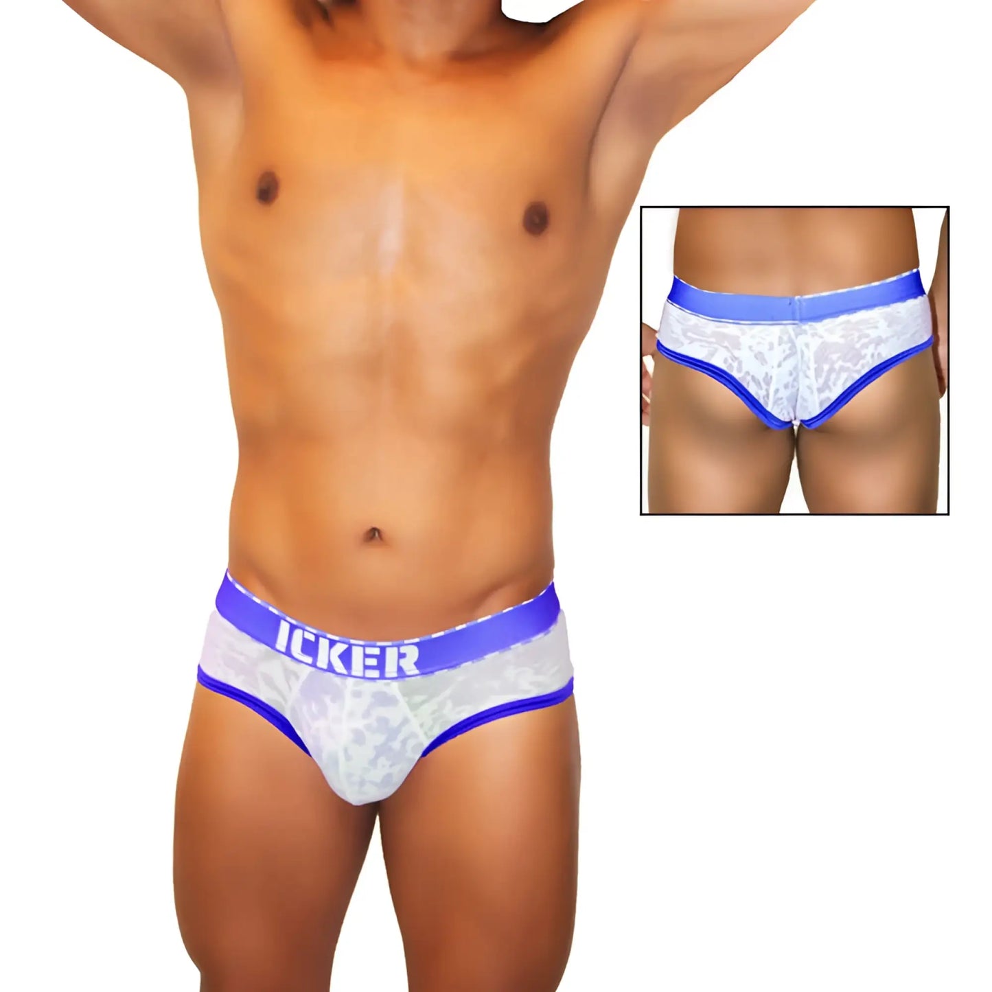 White lace men’s briefs with blue trim and icker logo waistband from icker sea acid mesh piping brief underwear royal blue coli 21 02