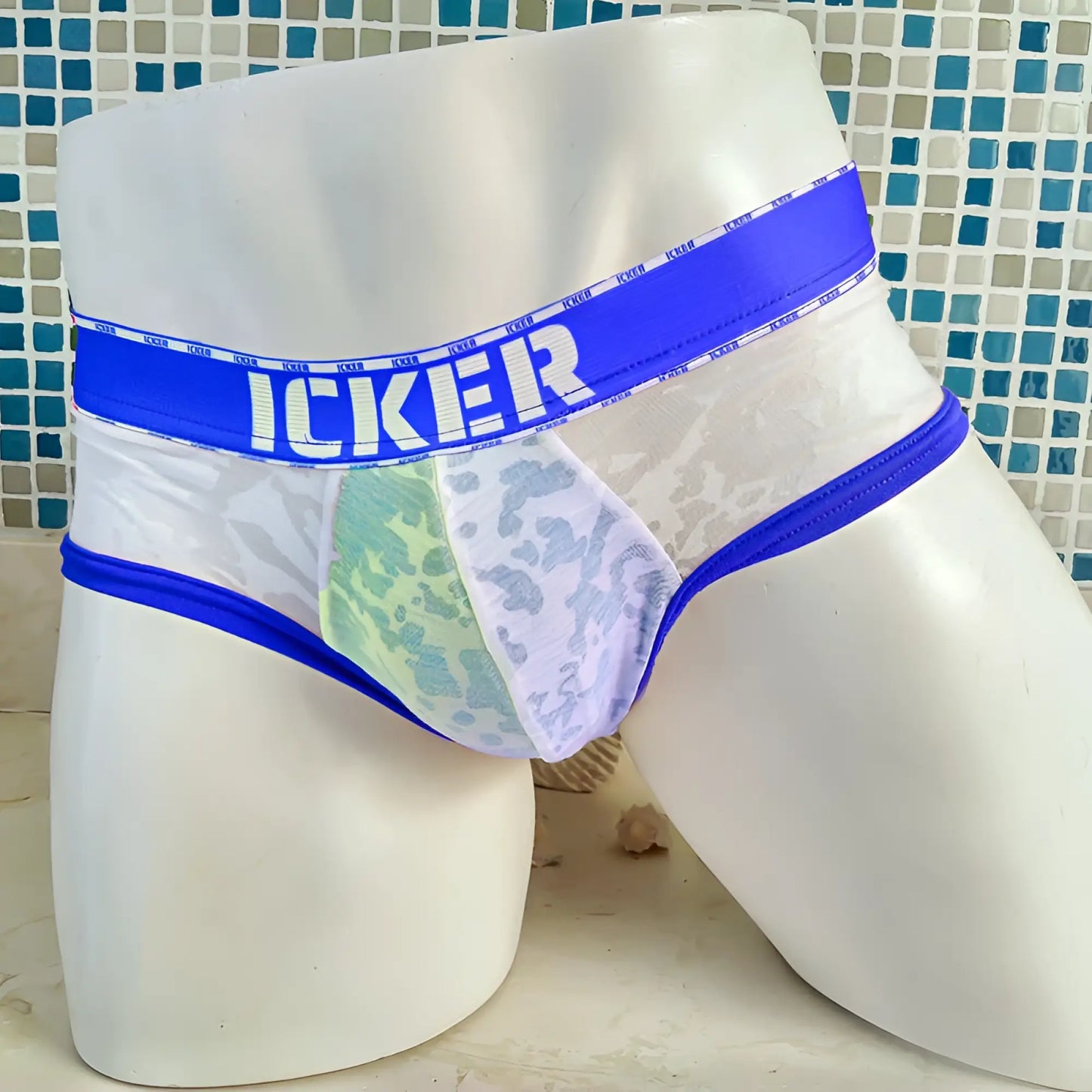 Icker sea acid mesh piping brief underwear royal blue with white and blue lace trim and bold icker logo waistband