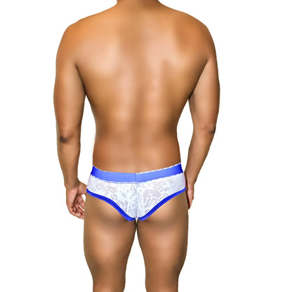 Icker sea acid mesh piping brief underwear in royal blue with blue and white lace trim and solid blue waistband