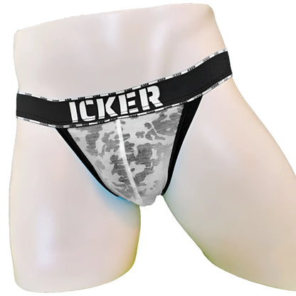 Black and gray camouflage men’s mesh cheeky tanga briefs with bold icker logo waistband and piping detail