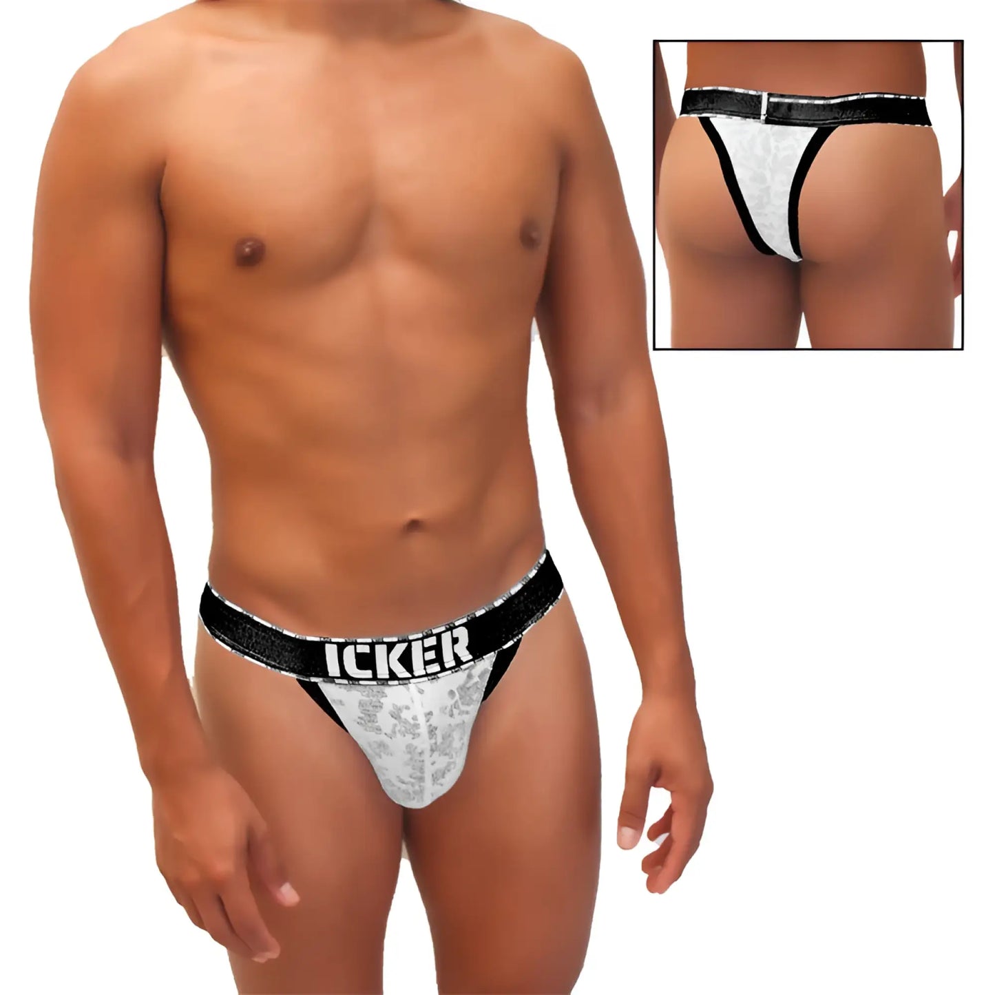 White lace thong with black elastic waistband and icker branding from the icker sea acid mesh piping cheeky tanga bikini underwear collection