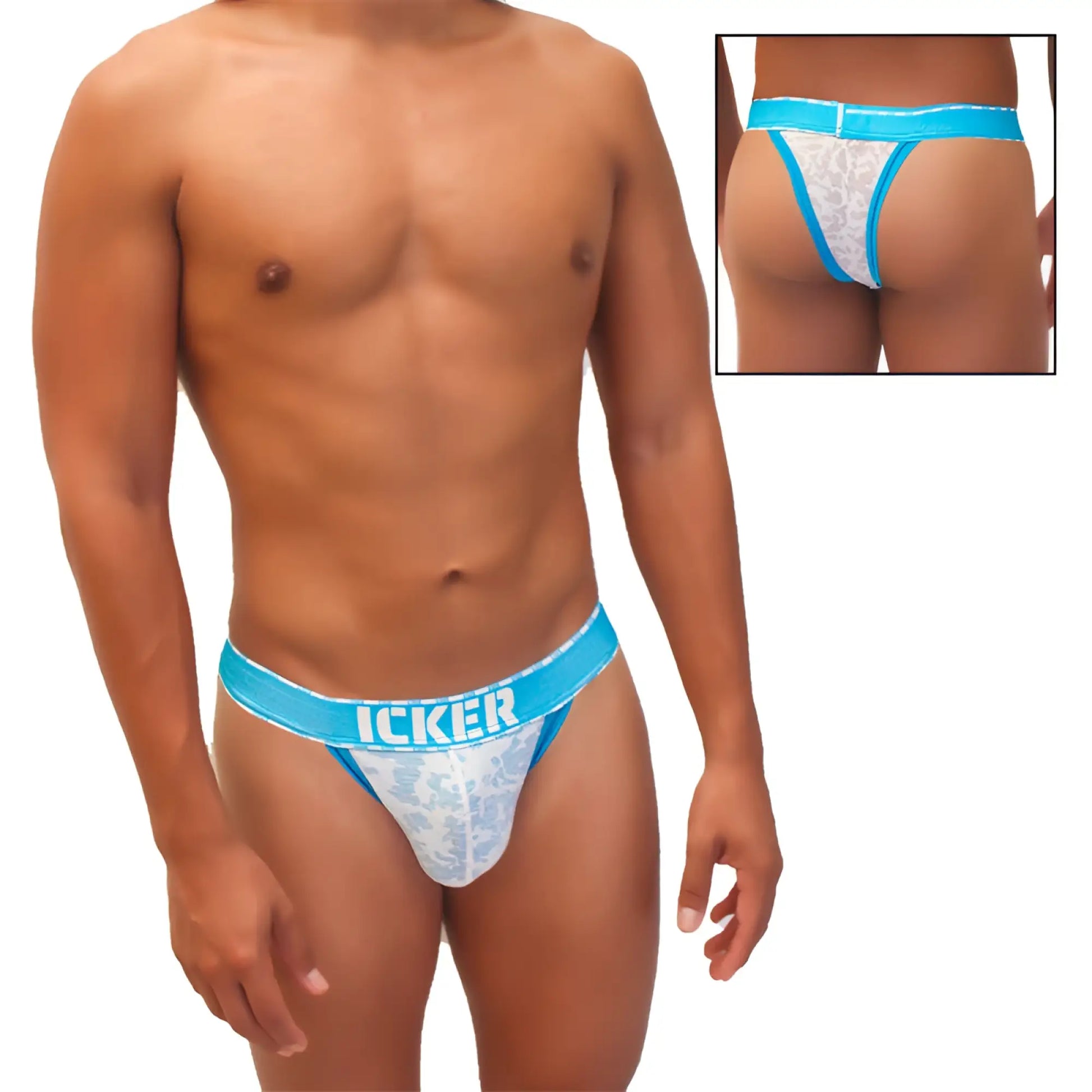 Blue and white lace thong underwear with icker branding and sea acid mesh piping cheeky tanga bikini style