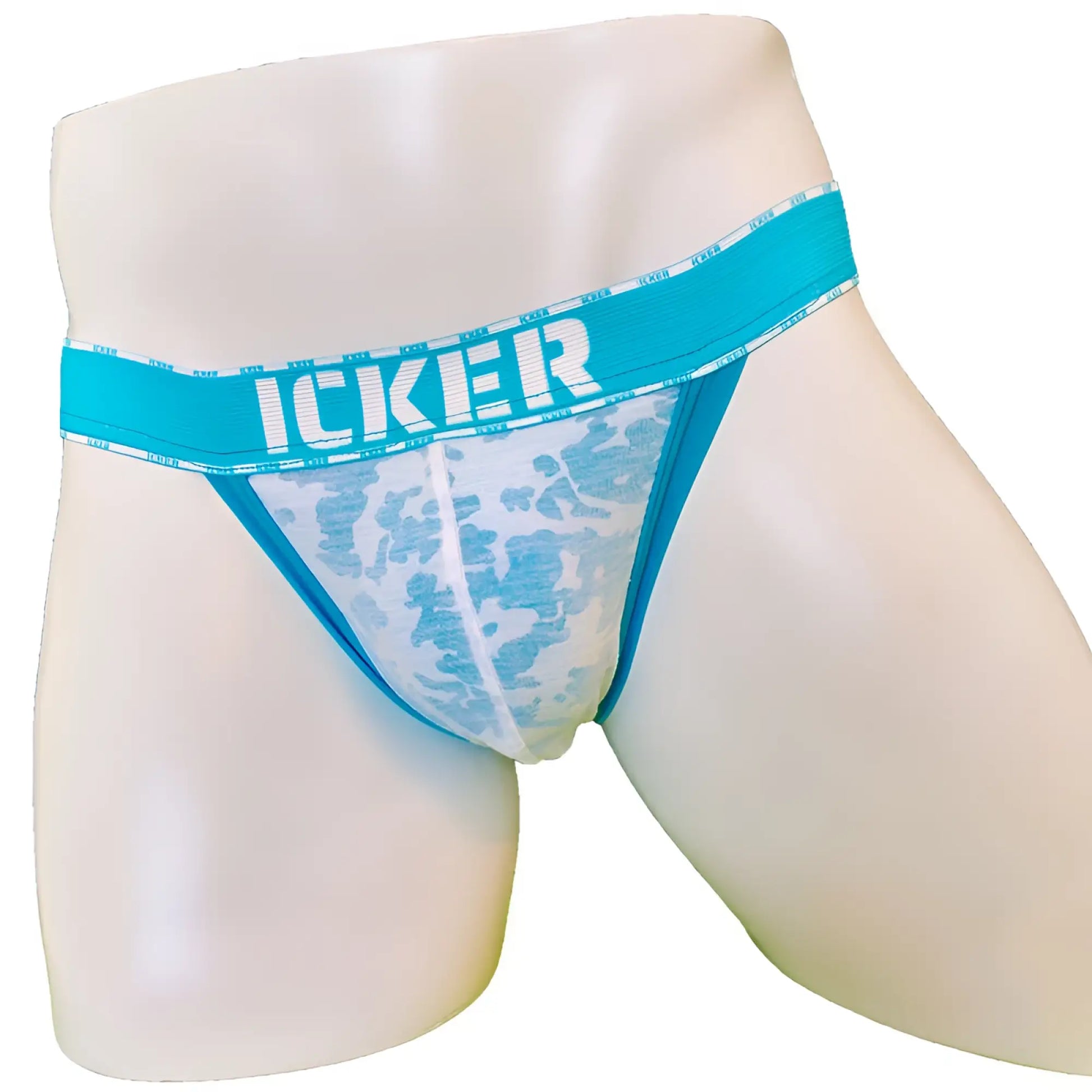 Icker sea acid mesh piping cheeky tanga bikini underwear in blue white camouflage with solid blue waistband and icker branding