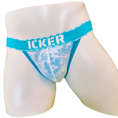 Icker sea acid mesh piping cheeky tanga bikini underwear in blue white camouflage with solid blue waistband and icker branding
