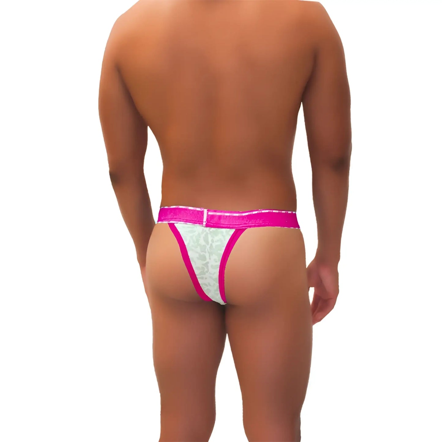 A vibrant fuchsia icker sea acid mesh piping cheeky tanga thong in pink and white lace with bold trim