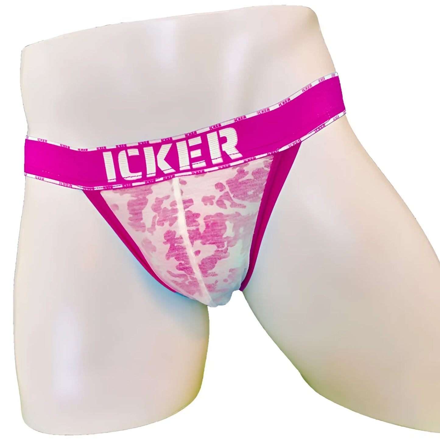 Pink lace-trimmed cheeky tanga bikini underwear with bold magenta icker logo waistband in fuchsia mesh piping