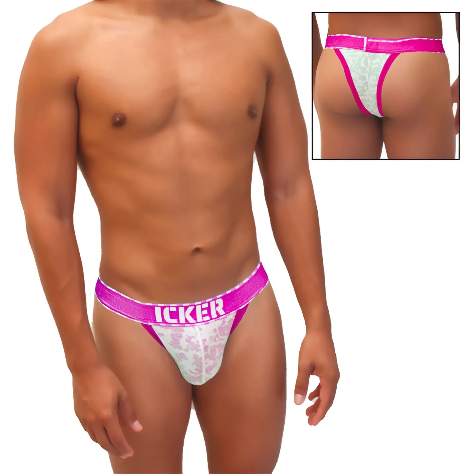 Pink and white lace thong with bold pink icker waistband featuring sea acid mesh piping cheeky tanga bikini underwear
