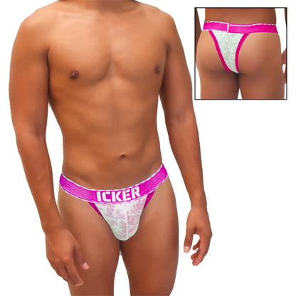 Pink and white lace thong with bold pink icker waistband featuring sea acid mesh piping cheeky tanga bikini underwear