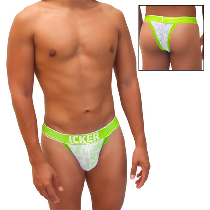 Bright green and white lace thong with icker branding on waistband from icker sea acid mesh piping cheeky tanga collection