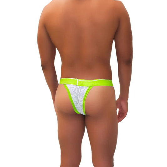 Bright neon green lace cheeky tanga underwear with white patterned front and mesh piping from Icker Sea COI-21-03