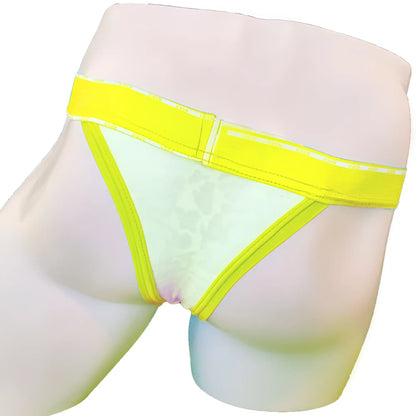 Bright yellow-trimmed sheer white lace thong with subtle pattern from Icker Sea acid mesh cheeky tanga bikini underwear mango