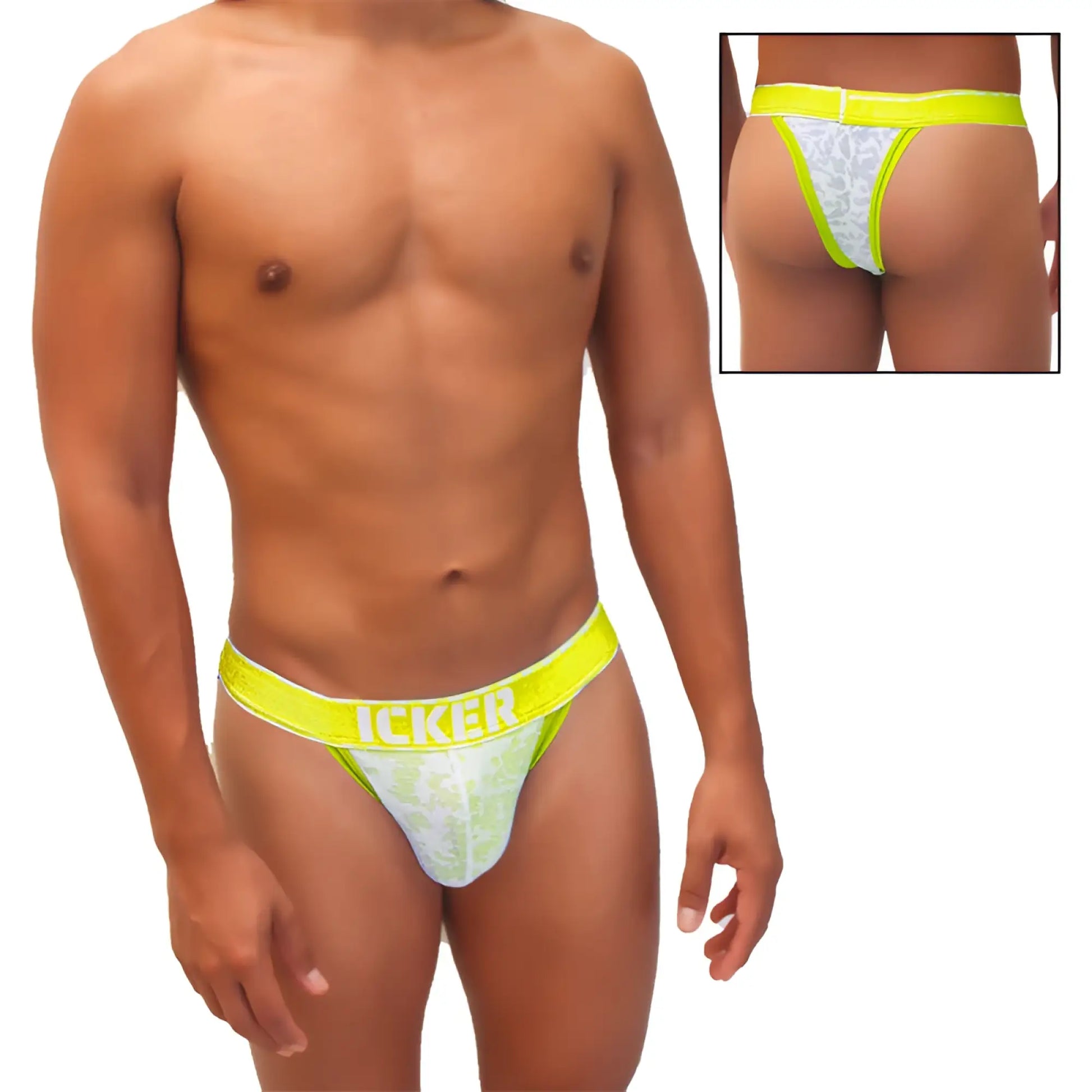 Bright neon yellow waistband with icker branding on white lace-trimmed cheeky tanga bikini underwear back side