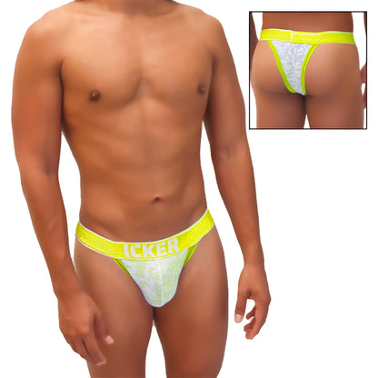 Bright neon yellow waistband with icker branding on white lace-trimmed cheeky tanga bikini underwear back side