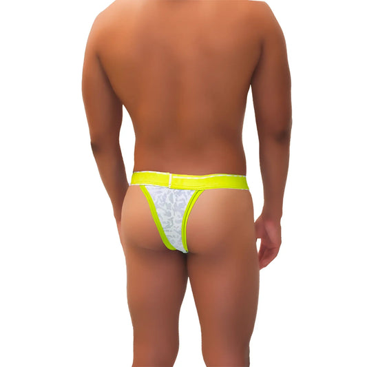 Icker Sea acid mesh piping cheeky tanga bikini underwear in bright neon yellow with lace trim and white patterned center