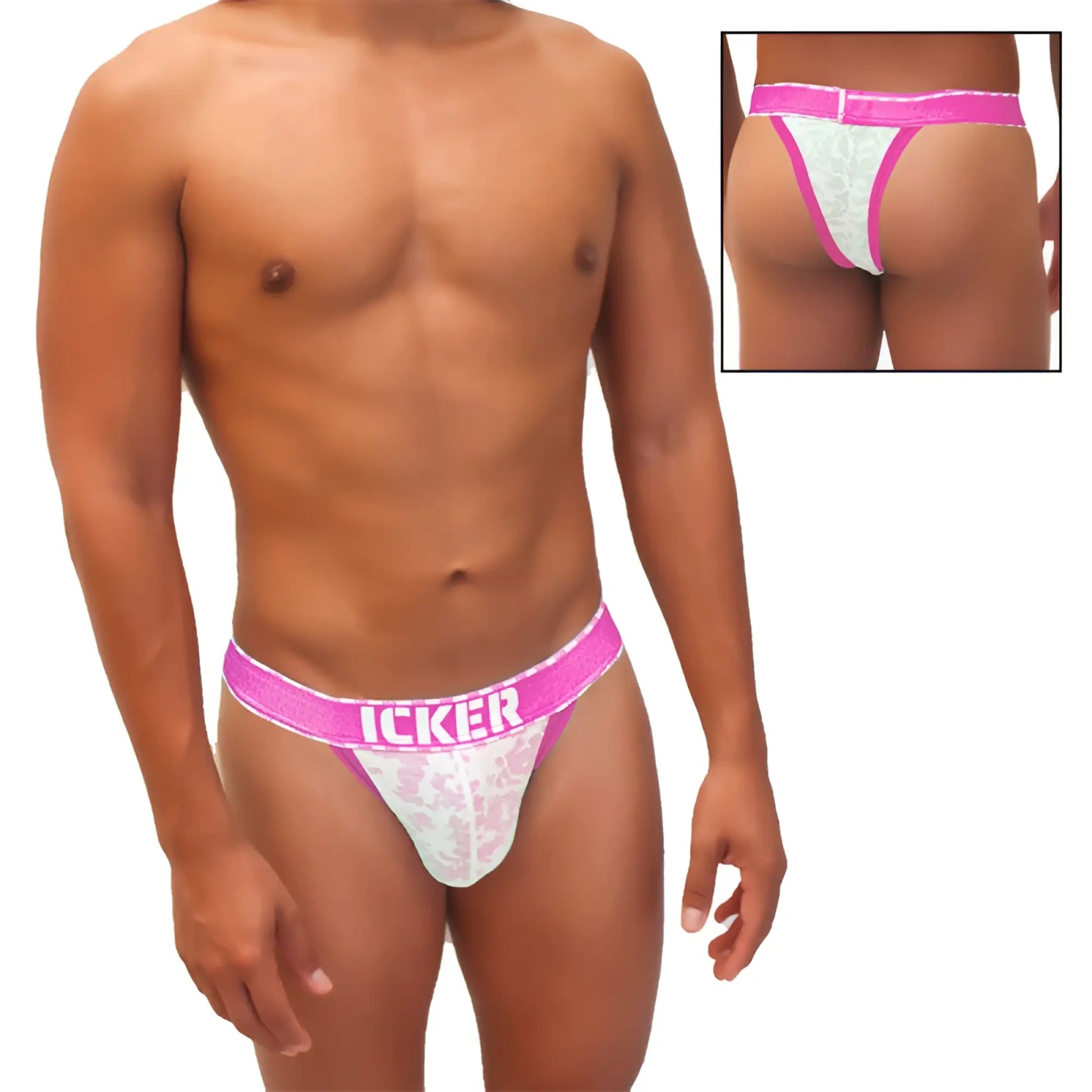 Pink and white lace cheeky tanga bikini underwear with icker branding and sea acid mesh piping detailing