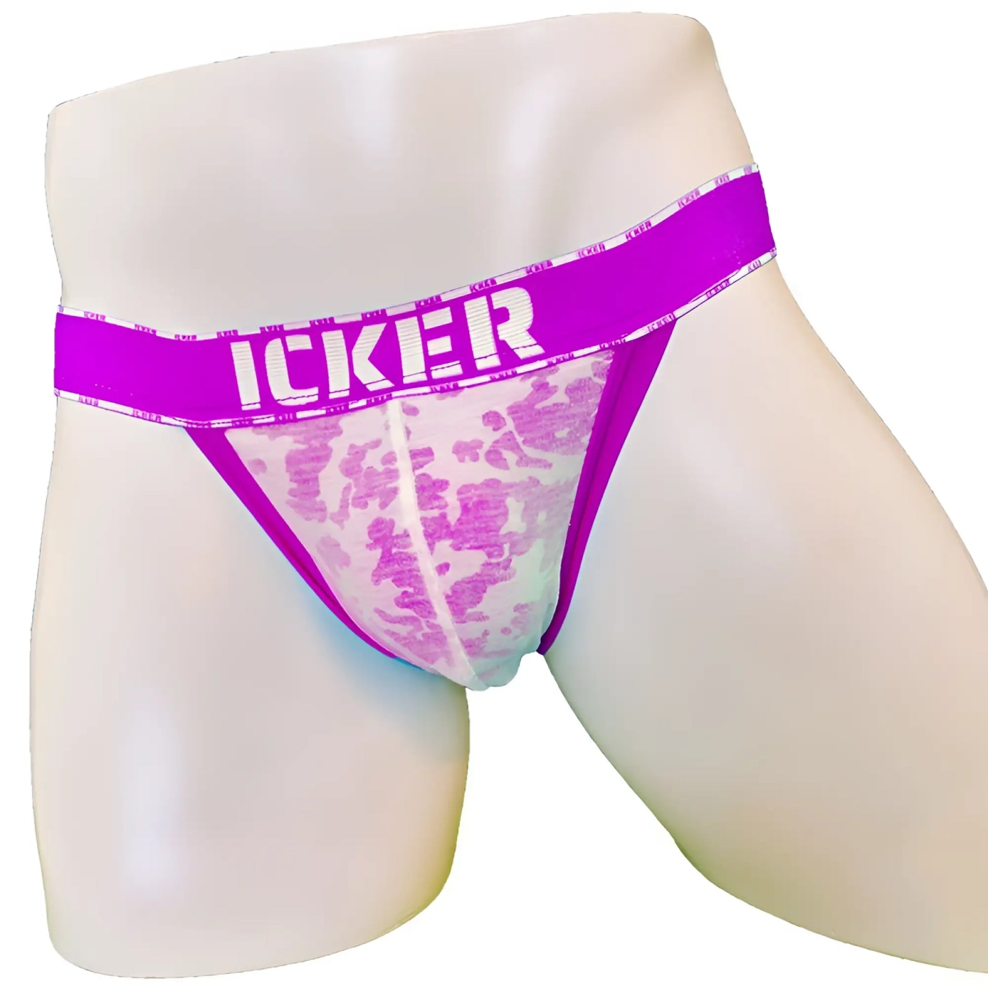 Purple lace cheeky tanga bikini briefs with bold magenta waistband featuring icker lettering in mesh piping design