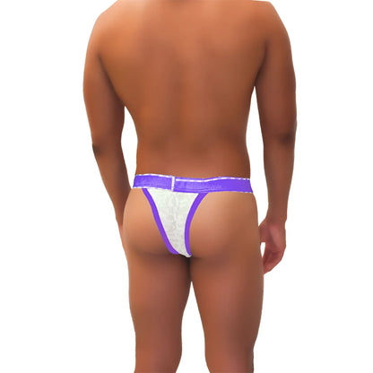 White lace thong underwear with purple trim and elastic waistband in icker sea acid mesh piping cheeky tanga style