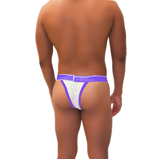 White lace thong underwear with purple trim and elastic waistband in icker sea acid mesh piping cheeky tanga style