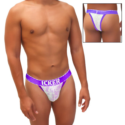 Purple and white lace cheeky tanga bikini underwear with icker branding on the waistband front view