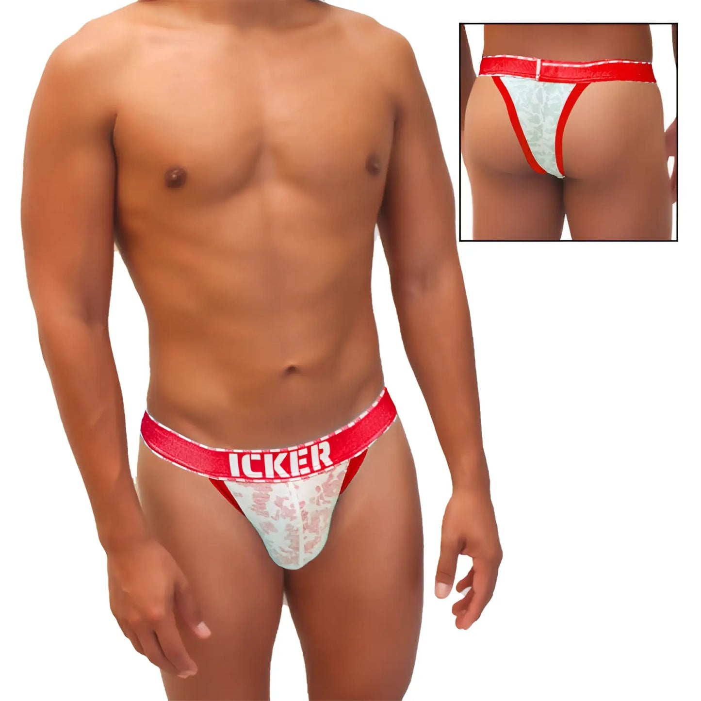 Red and white lace Icker Sea Acid mesh piping cheeky tanga thong underwear with branded waistband visible from the back