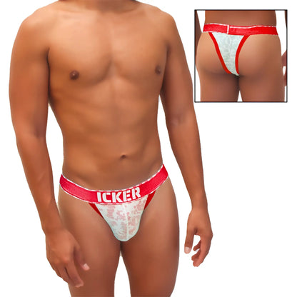 Red and white lace Icker Sea Acid mesh piping cheeky tanga thong underwear with branded waistband visible from the back