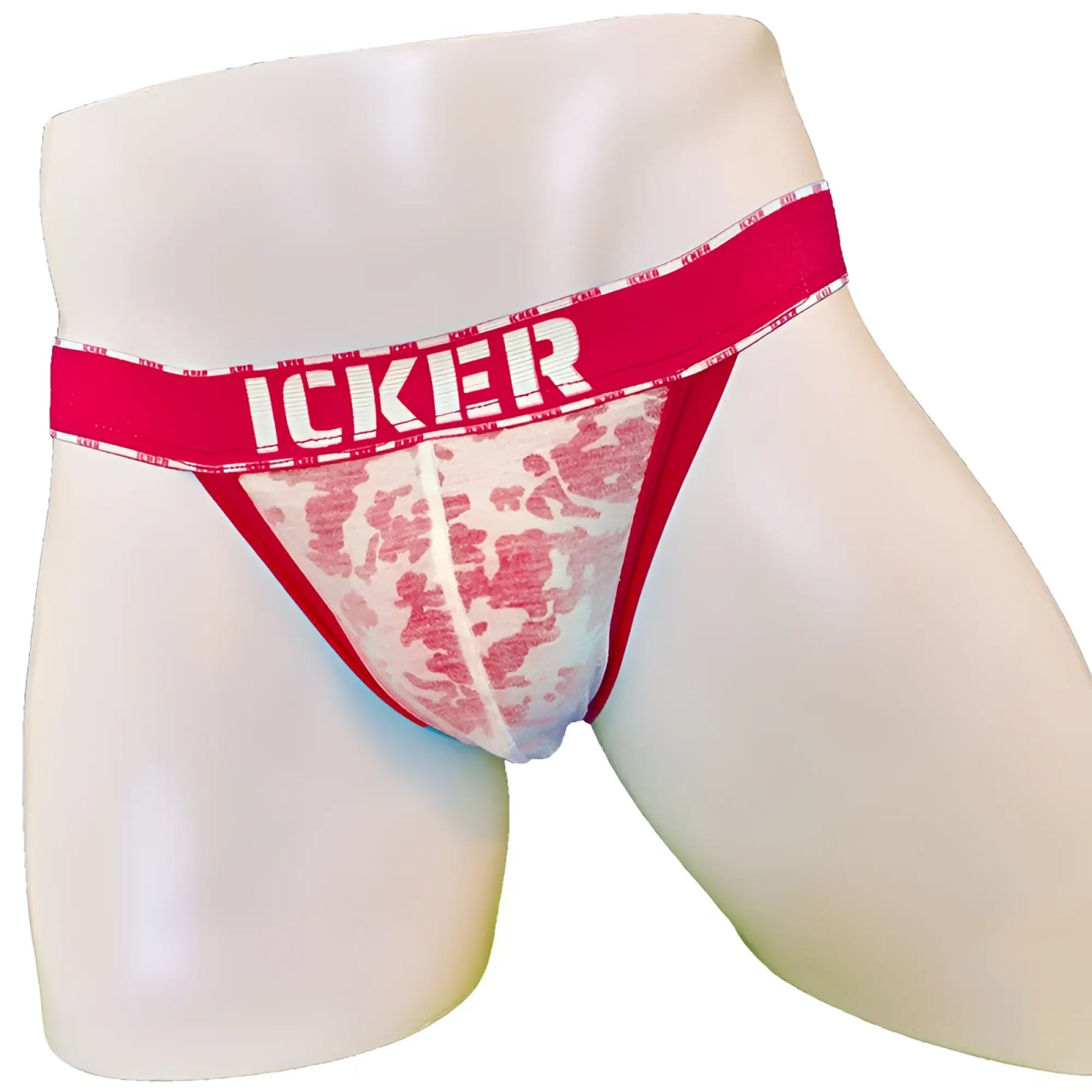 Red and white lace-trimmed icker sea acid mesh piping cheeky tanga bikini underwear with bold red waistband