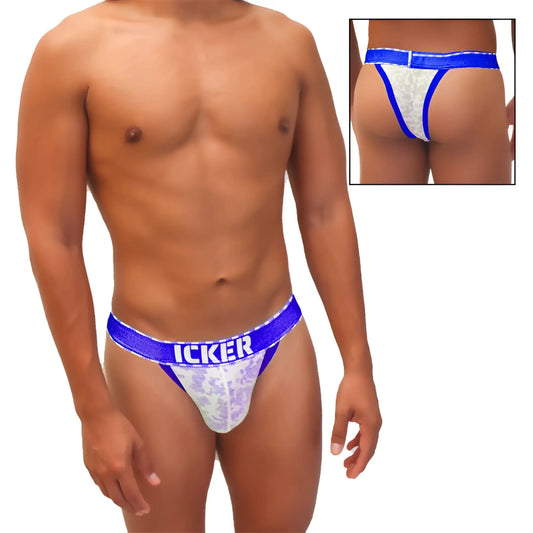 Blue and white lace thong underwear with icker branding on waistband featuring sea acid mesh piping in royal blue