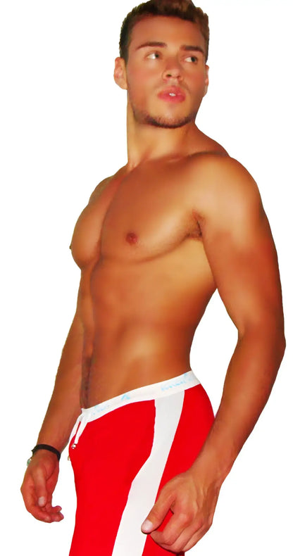 Icker sea air fitness side stripe red athletic shorts with white stripes and elastic waistband