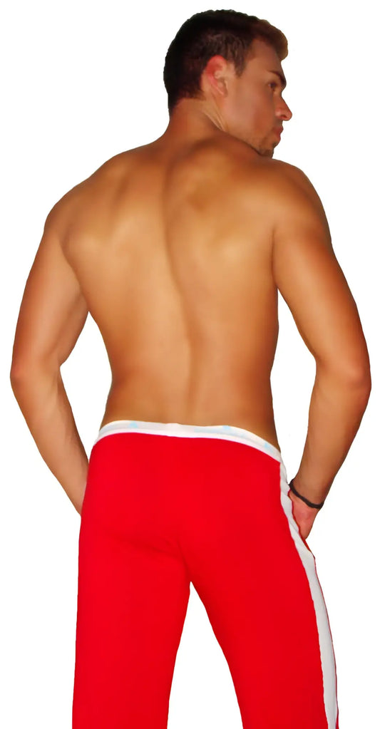 Red icker sea air fitness side stripe pants with white side stripes and waistband designed for athletic wear