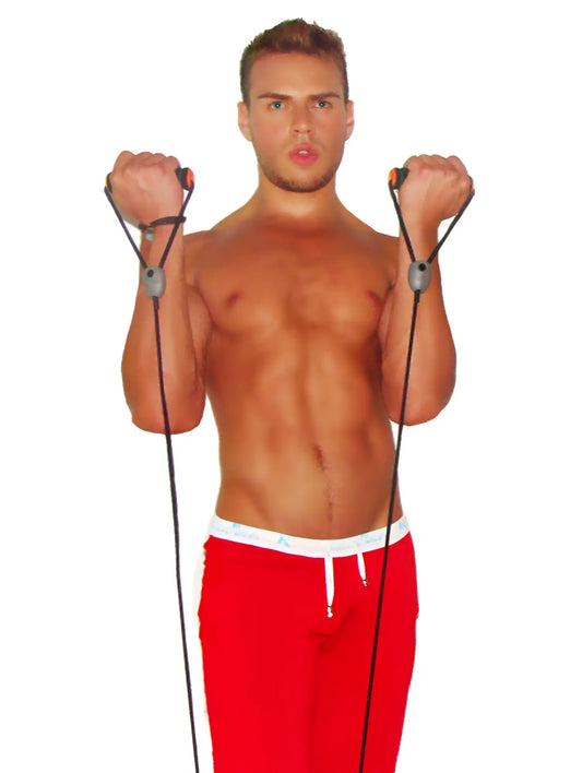 Black resistance band with orange handles and gray adjustment sliders for fitness exercise and strength training