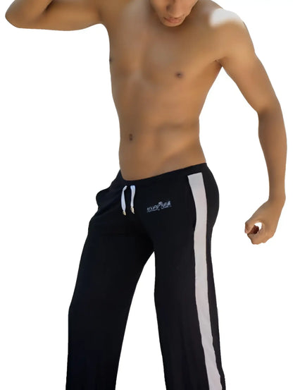Black icker sea air fitness side stripe runner pants with white vertical stripe and matching drawstrings