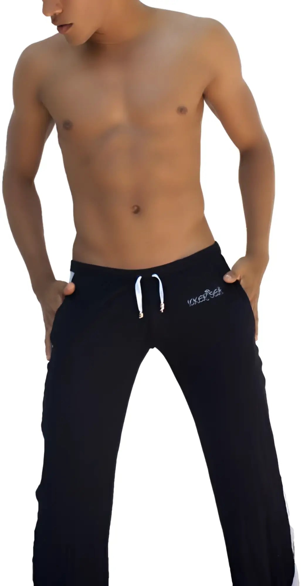 Icker Sea Air Fitness side stripe runner pants in black with white drawstrings and embroidered logo on left thigh