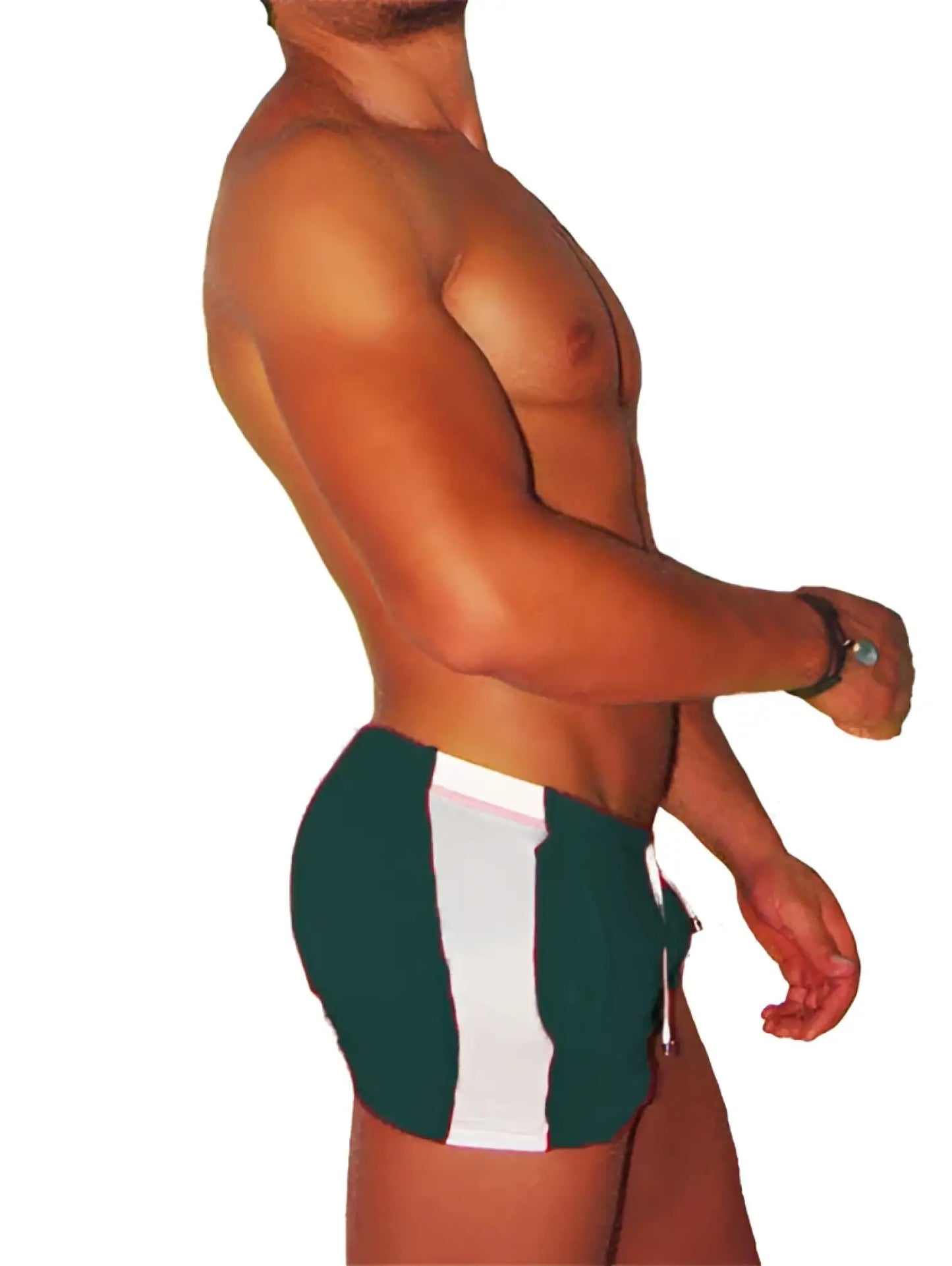 Dark green Icker Sea air fitness side stripe swim trunks with bold white vertical stripe for active wear