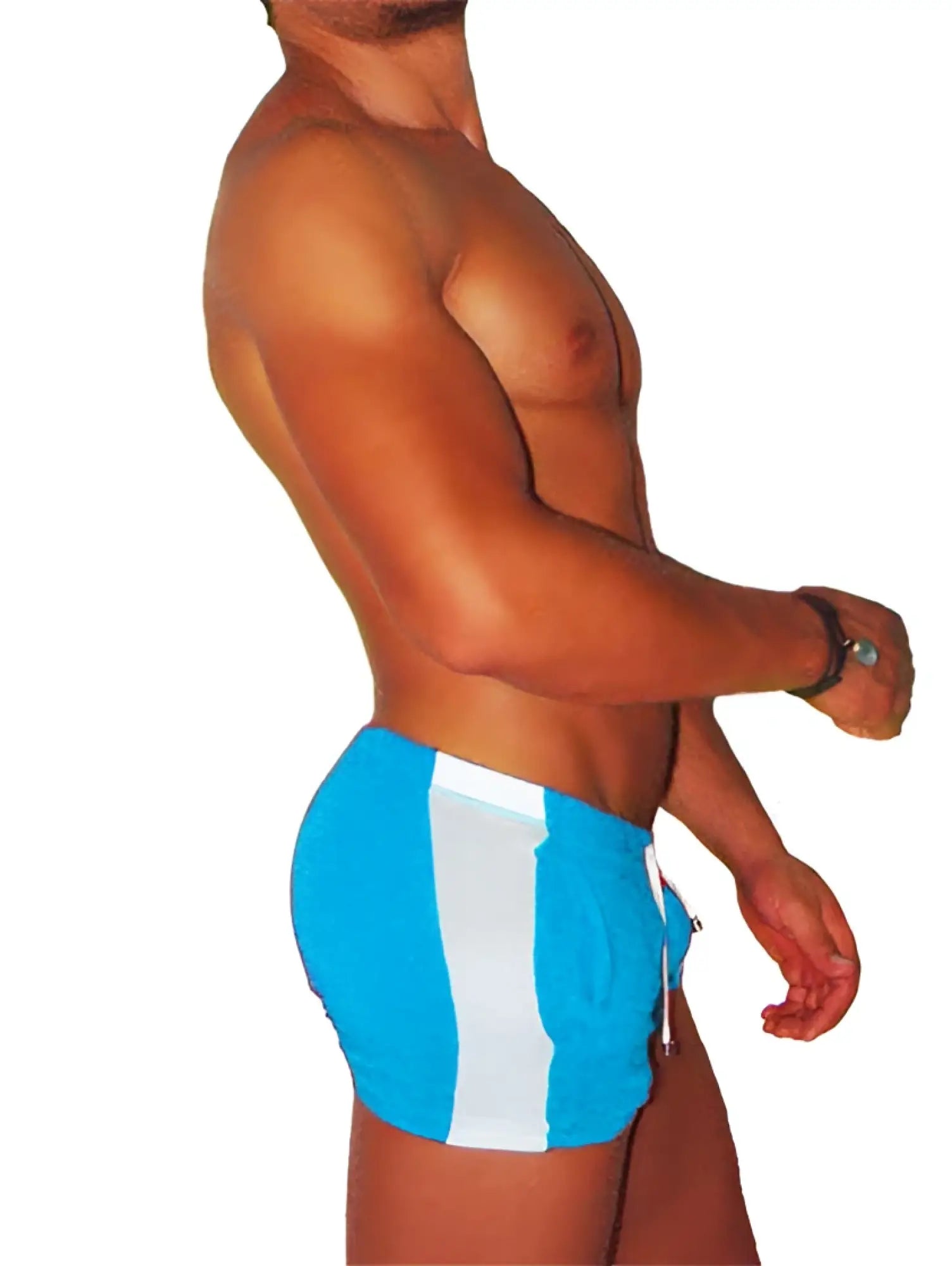 Icker Sea Air Fitness side stripe shorts in blue with white stripes and a drawstring waist for swim and fitness use
